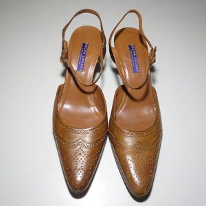 Ralph Lauren Purple Label Tan Brough Leather Slingback Brogue Heels Sz 7.5